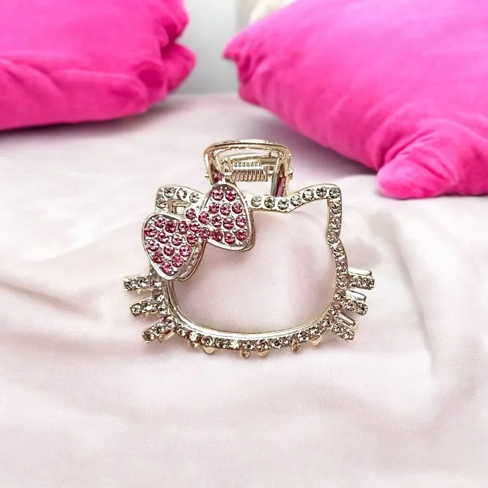 Hello Kitty Pink And Clear Rhinestone Silver Tone Hair Clip NWT